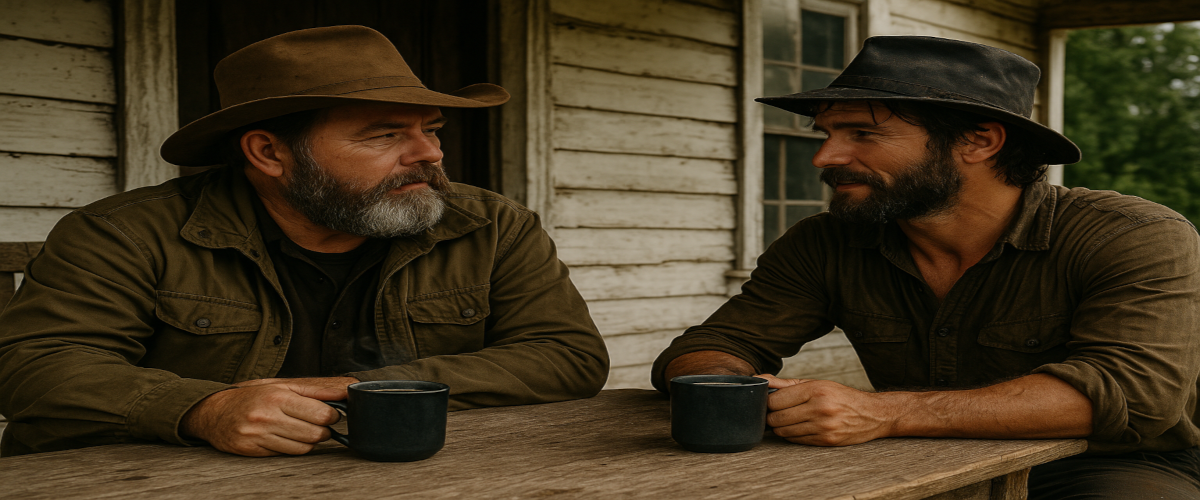 Thorne Wilder and Broggo Mann talking over steaming coffee on a farmhouse porch